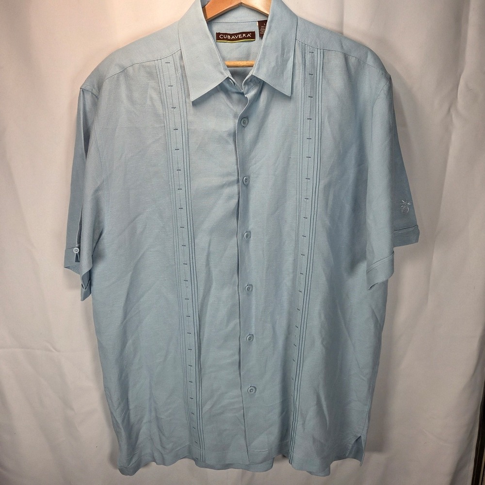 Cubavera Button‎ Up Shirt Men's Large Blue Vertical Embroidered Pleated